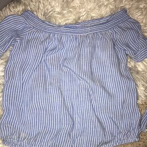 blue and white striped off the shoulder top